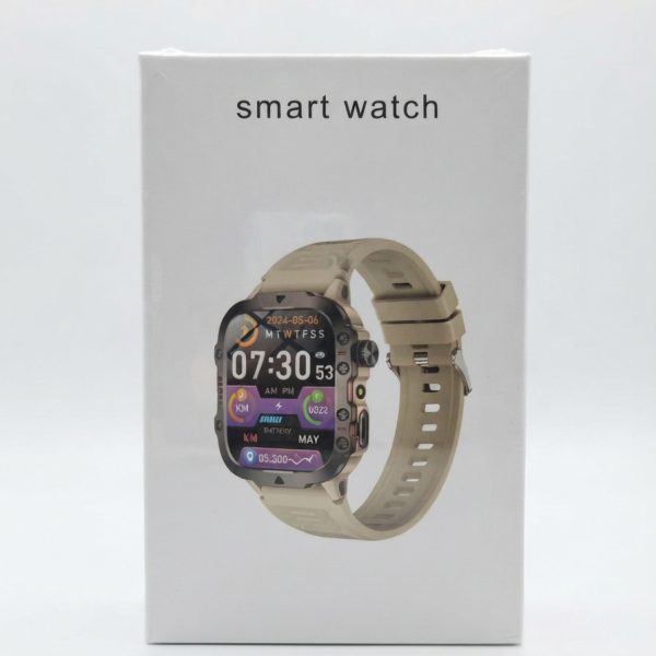 Rugged Sport Smart Watch with Beige Band and Digital Display