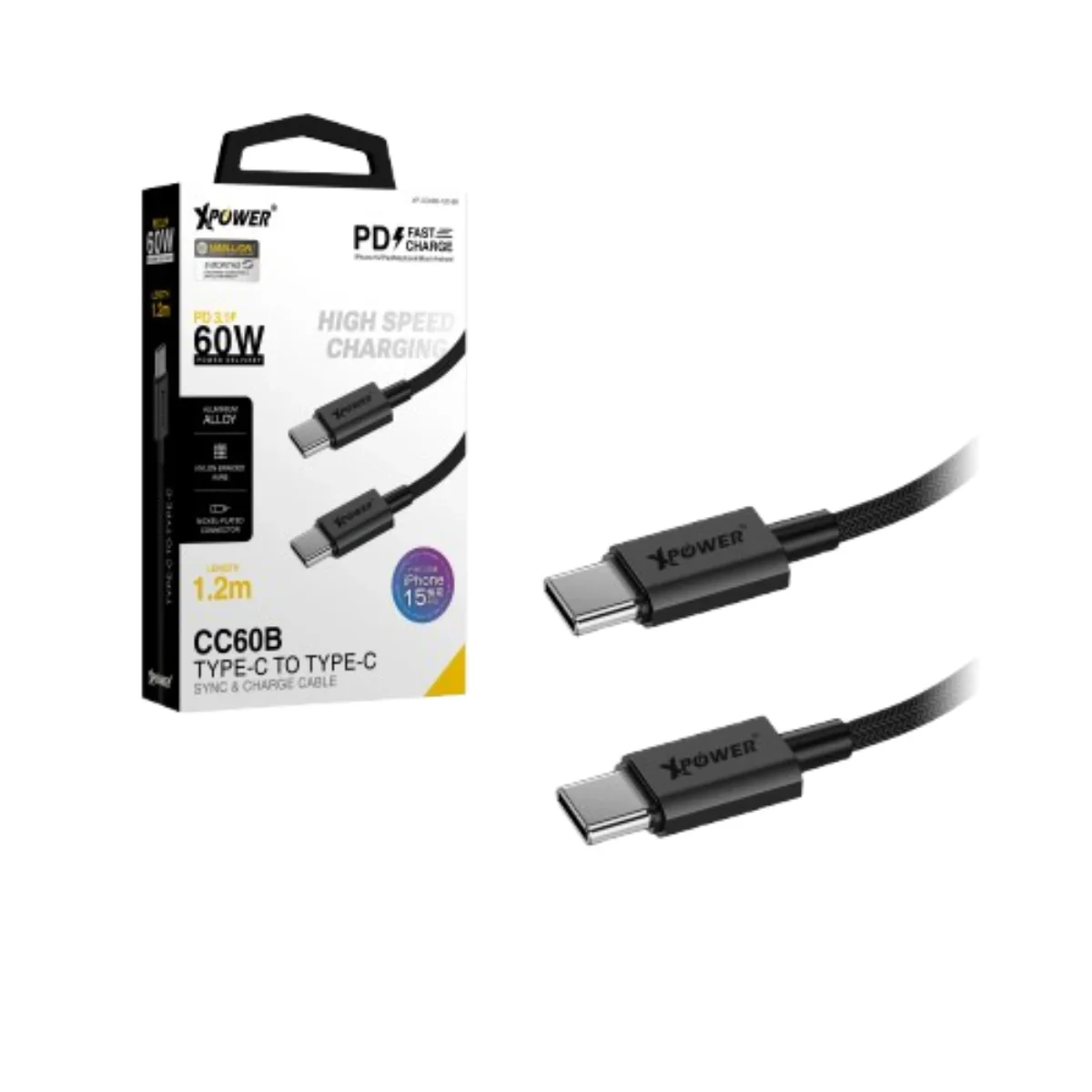 imgi_7_XP-CC60B-120-BK-1 XPower 60W C To C 1.2m Cable - Image 1